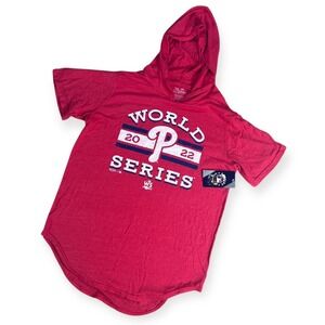 Majestic Phillies 2022 World Series Short Sleeve Hoodie Red Womens Small NEW